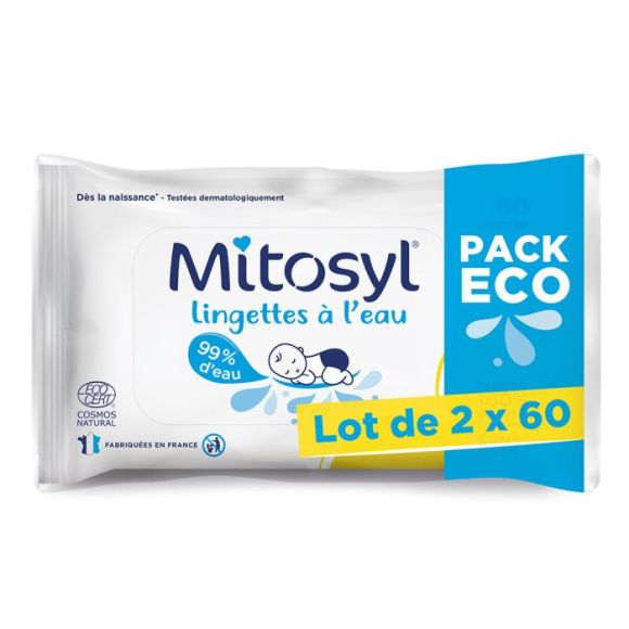 Lingettes &agrave; l'eau Mitosyl - lot de 2 packs de 60 lingettes