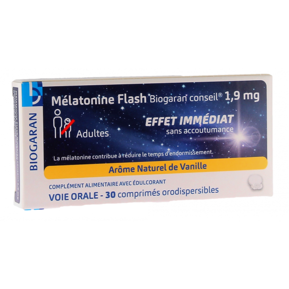 M&eacute;latonine flash 1,9mg Biogaran - boite de 30 comprim&eacute;s orodispersibles