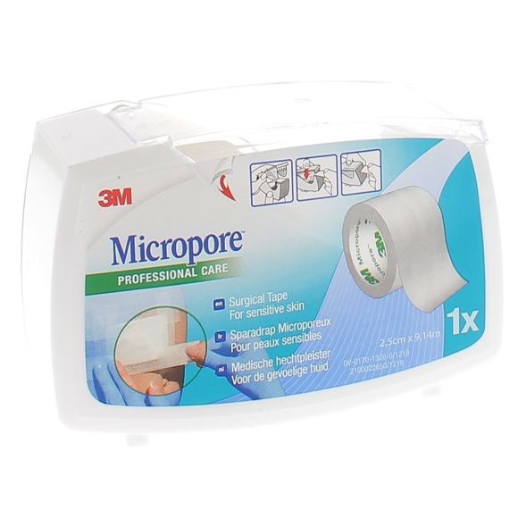 Micropore Sparadrap blanc avec d&eacute;vidoir 3M - rouleau de 2,5 cm x 9,14 m
