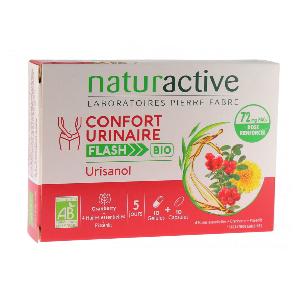 Urisanol Confort urinaire flash bio Naturactive - bo&icirc;te de 10 g&eacute;lules et 10 capsules