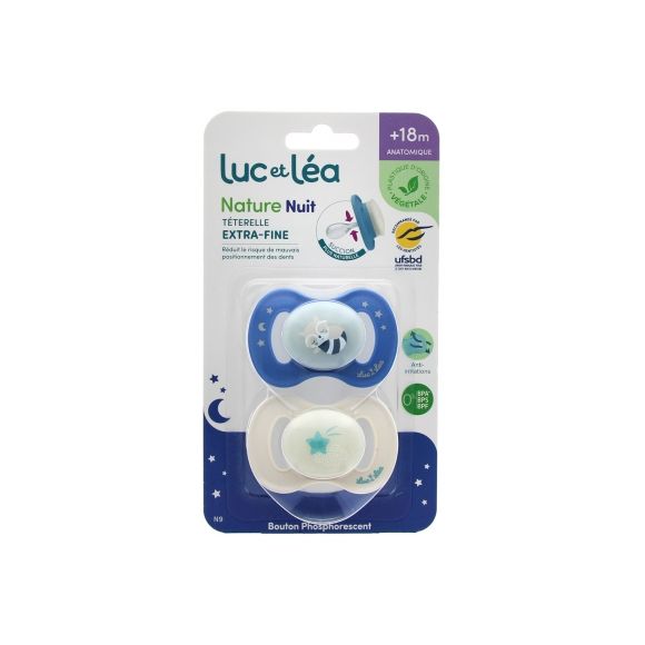 Nature Nuit sucettes anatomiques t&eacute;terelle extra-fine +18 mois raton laveur & &eacute;toile filante Luc et L&eacute;a - lot de 2 sucettes