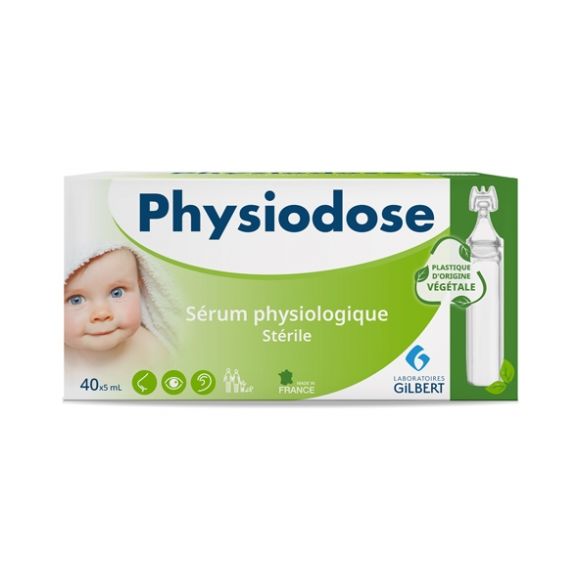 Physiodose s&eacute;rum physiologique st&eacute;rile Gilbert - bo&icirc;te de 40 unidoses d'origine v&eacute;g&eacute;tale de 5 ml