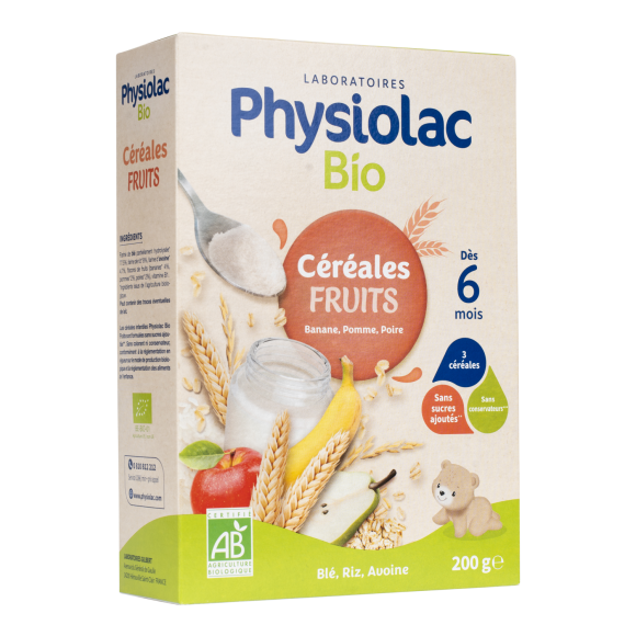 Physiolac bio c&eacute;r&eacute;ales fruits d&egrave;s 6 mois Gilbert - boite de 200 g