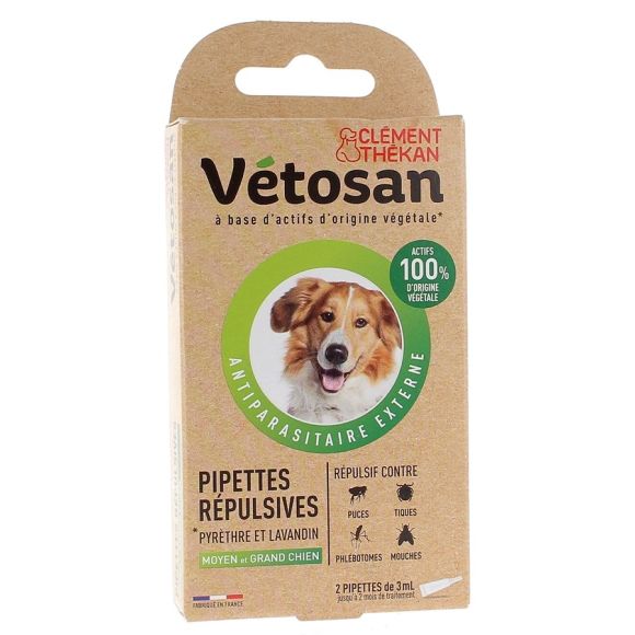 Pipettes r&eacute;pulsives moyen et grand chien v&eacute;tosan Cl&eacute;ment Th&eacute;kan - 2 pipettes de 3 ml