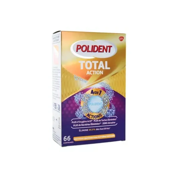 Total action nettoyant 4 en 1 pour appareils dentaires Polident - bo&icirc;te de 66 comprim&eacute;s