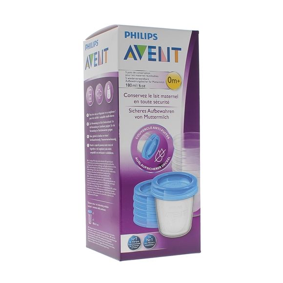 Pots de conservation lait maternel r&eacute;utilisables 0 mois et + Avent - bo&icirc;te de 5 pots de 180 ml