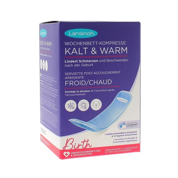 Serviette r&eacute;utilisable flexible post accouchement apaisant froid/chaud Lansinoh - bo&icirc;te d'une serviette + 12 pochettes jetables