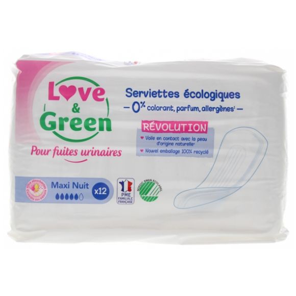 Serviettes &eacute;cologiques fuites urinaires maxi nuit Love & Green - sachet de 12 serviettes