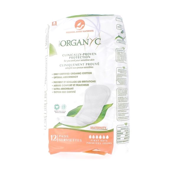 Serviettes premiers jours maternit&eacute; Organyc - sachet de 12 serviettes
