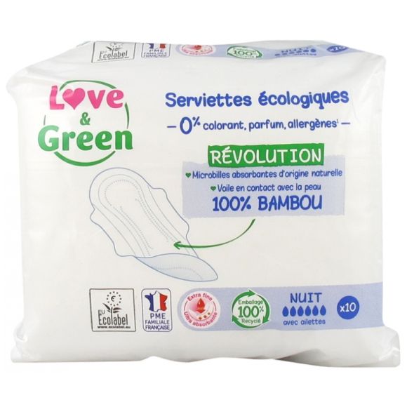 Serviettes hypoallerg&eacute;niques nuit Love & Green - sachet de 10 serviettes