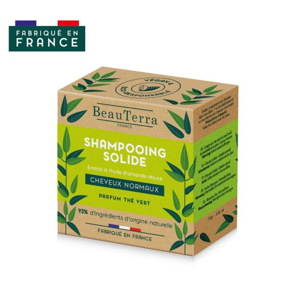 Shampoing solide cheveux normaux parfum th&eacute; vert BeauTerra - Shampoing de 75 g