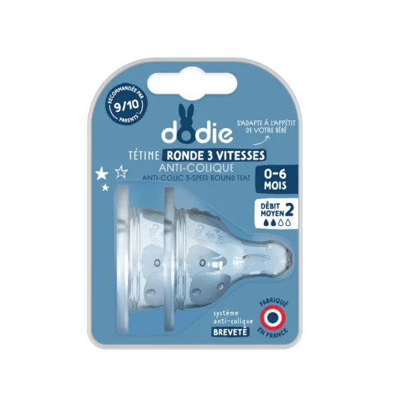 T&eacute;tine ronde 3 vitesses anti-colique col large 0-6 mois d&eacute;bit 2 Dodie - 2 t&eacute;tines