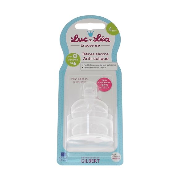 T&eacute;tines silicone anti-colique 4 mois + d&eacute;bit variable Luc et L&eacute;a - 2 t&eacute;tines