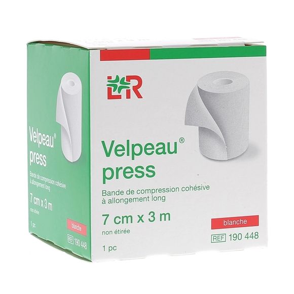 Velpeau Press Bande de compression coh&eacute;sive &agrave; allongement long - bo&icirc;te d'une bande blanche de 7x3cm