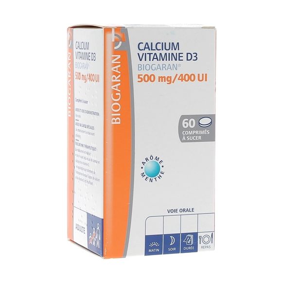 Calcium vitamine D3 Biogaran 500mg/400 UI - Bo&icirc;te de 60 comprim&eacute;s &agrave; sucer