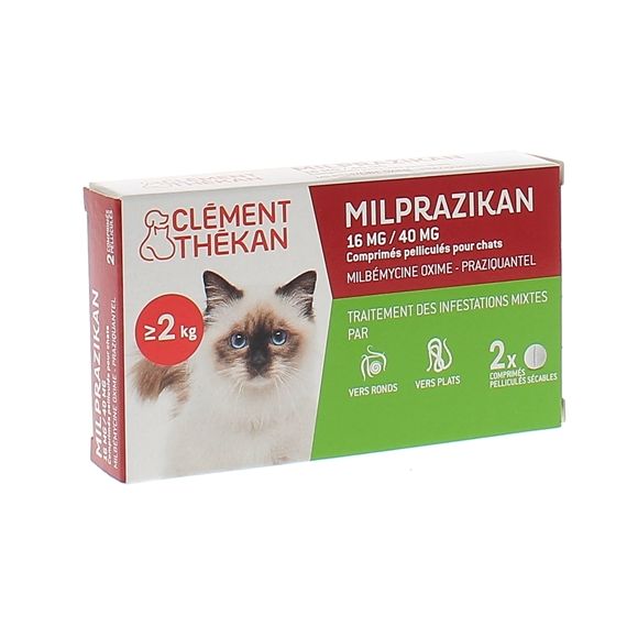 Milprazikan 16 mg / 40 mg comprim&eacute; pellicul&eacute; pour chats Cl&eacute;ment Th&eacute;kan - boite de 2 comprim&eacute;s