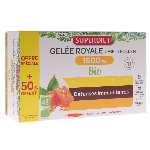 Gel&eacute;e royale bio 1500 mg miel d'acacia pollen Super Diet - boite de 20 ampoules + 10 offertes
