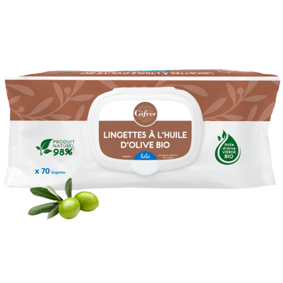 Lingettes nettoyantes &agrave; l'huile d'olive vierge Gifrer - paquet de 70 lingettes