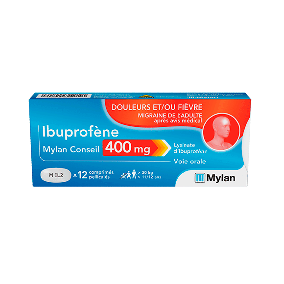 Ibuprof&egrave;ne 400 mg Mylan comprim&eacute; pellicul&eacute; - boite de 12 comprim&eacute;s