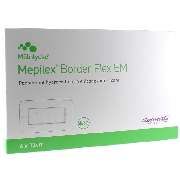 Mepilex Border Flex EM pansement hydrocellulaire silicon&eacute; extra mince 6x12cm M&ouml;lnlycke - bo&icirc;te de 10 pansements