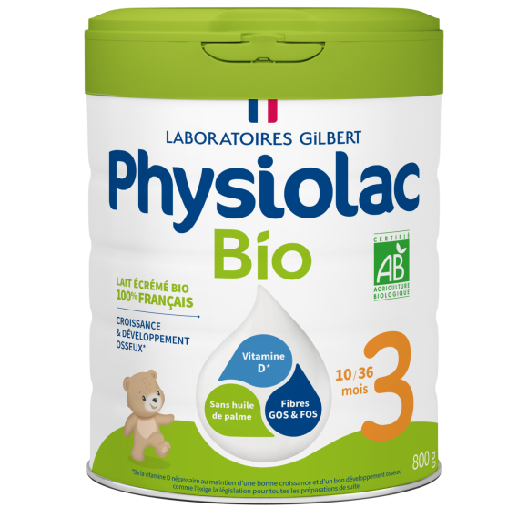 Lait en poudre bio 3&egrave;me &acirc;ge croissance 10 mois &agrave; 3 ans Physiolac - pot de 800 g
