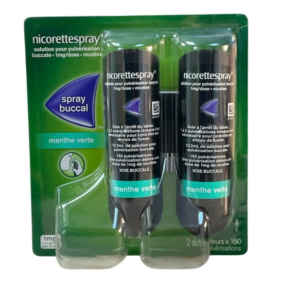 Nicorettespray 1 mg spray buccal menthe verte - 2 sprays de 150 pulv&eacute;risations