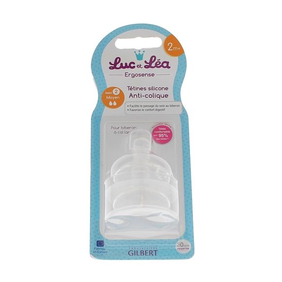 T&eacute;tines silicone anti-colique 2 mois+ d&eacute;bit moyen Luc et L&eacute;a - 2 t&eacute;tines