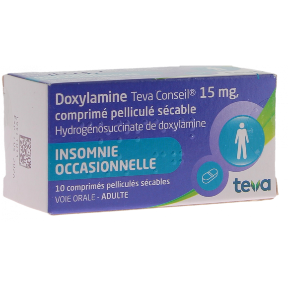 Doxylamine 15 mg Teva comprim&eacute; pellicul&eacute; s&eacute;cable - boite de 10 comprim&eacute;s